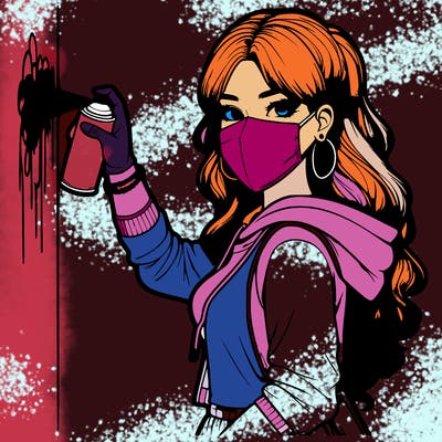 realistic girl with mask spray painting a wall