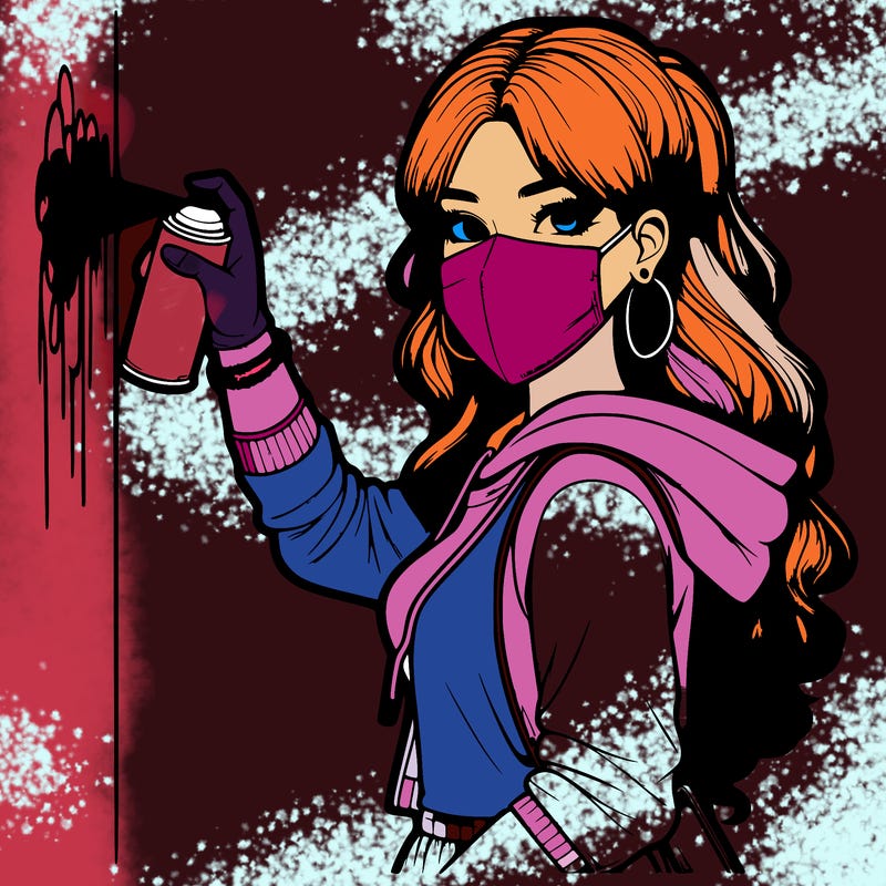 realistic girl with mask spray painting a wall