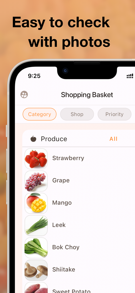 Shared shopping list : basket - Pantalla de aplicación móvil que muestra una lista de compras de mercado con fotos de productos como fresas y uvas