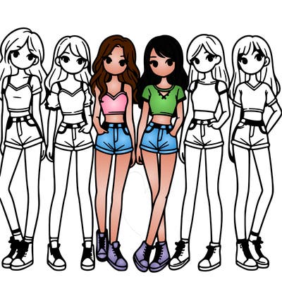 a group of girls wearing crop tops and shorts