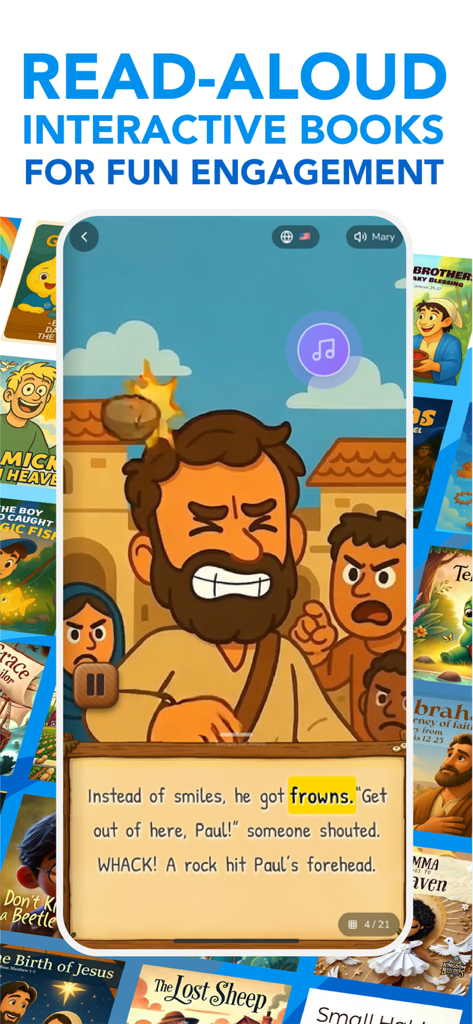 Godly Kids: Bible app for kids - Screenshot of the Godly Kids app showing an interactive read-aloud Bible story about Paul with text and cartoon illustrations.
