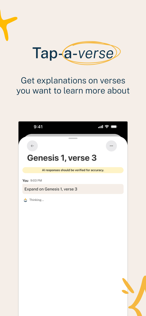 Scripturly - Screenshot of Scripturly app's Tap-a-verse feature showing an AI interface for Genesis 1 verse 3 explanation