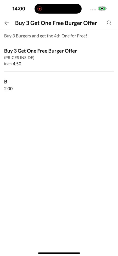 Cluck N Crust. - Promotion page on the Cluck N Crust app showing a buy three get one free burger offer.