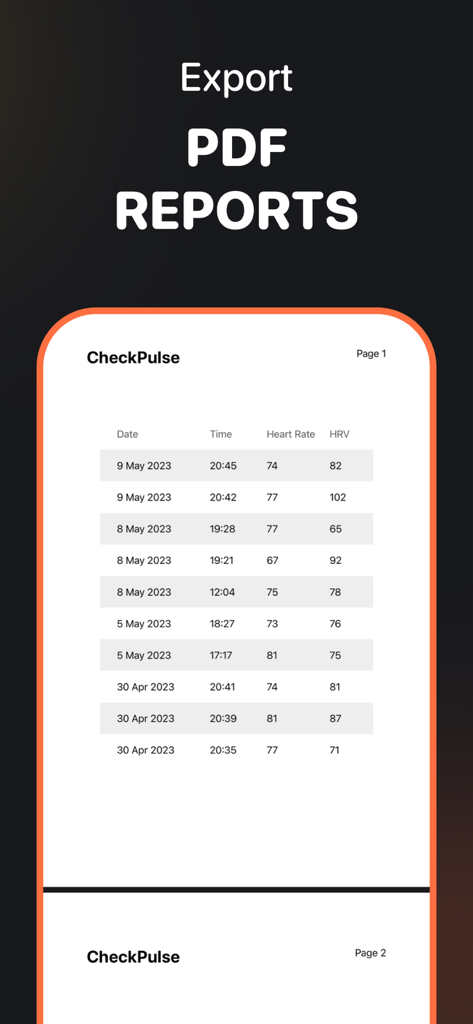 Check Pulse - Stress Monitor - A screenshot of the Check Pulse app showcasing an exported PDF report containing a table of heart rate and HRV measurements.