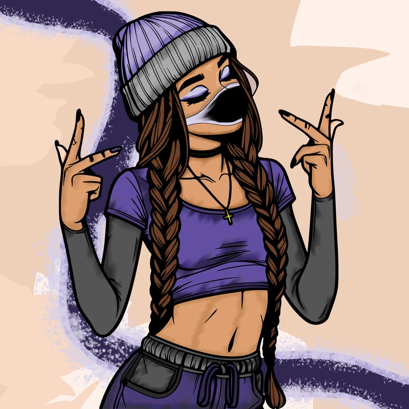 realistic teenage girl with braids and a beanie and crop top doing 🫶🏼