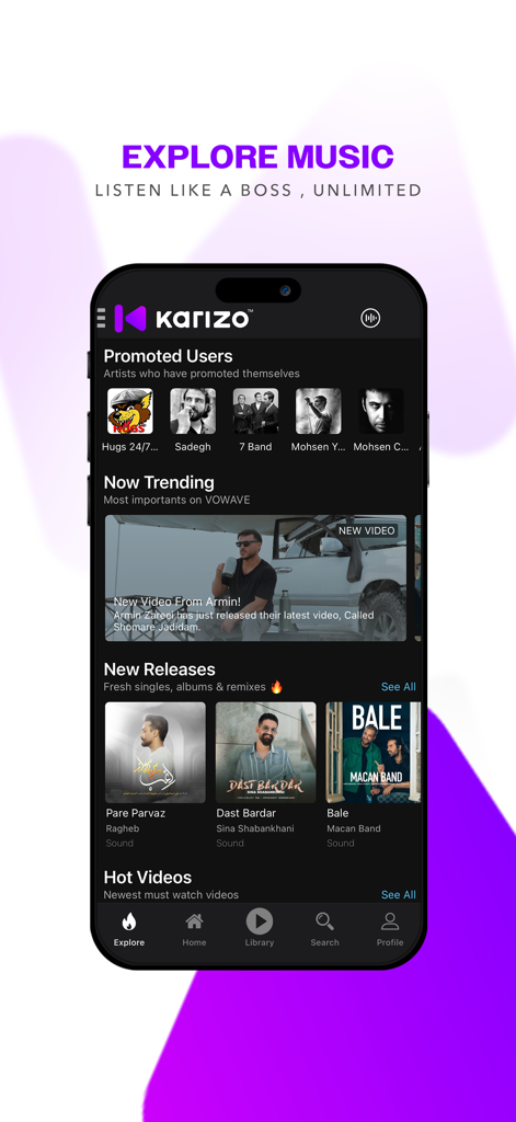 Karizo - Karizo music app interface showing trending songs and new releases in dark mode