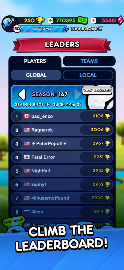 Classifica globale dei giocatori e classifiche nel gioco mobile Golf Blitz.
