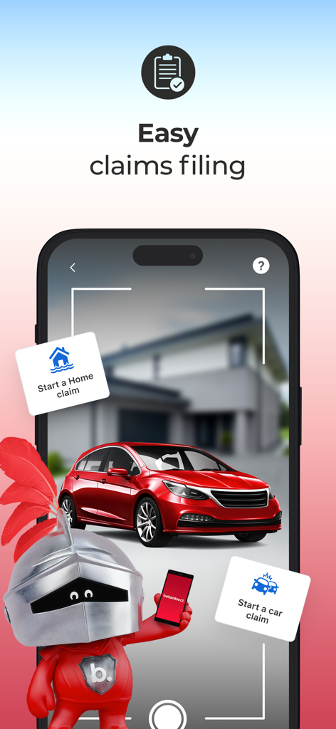 A smartphone displaying the belairdirect app interface for filing home and car insurance claims easily.