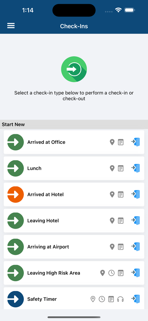 Vismo: Locate & Protect - Interface of the Vismo app showing multiple employee check-in options like Arrived at Office, Arrived at Hotel, and Leaving High Risk Area.