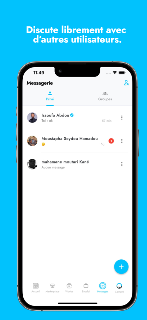 Qwiper - Mobile screenshot of the Qwiper app messaging interface showing a list of private conversations with other users