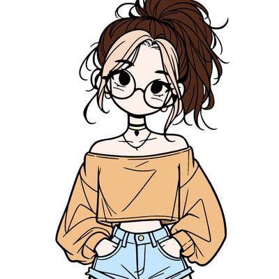 girl with a messy ponytail glasses a baggy crop top and jean shorts