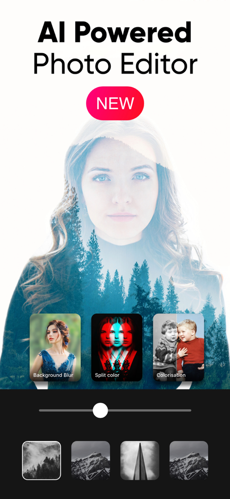 Color Pop AI photo editor app interface displaying double exposure and color effects features.