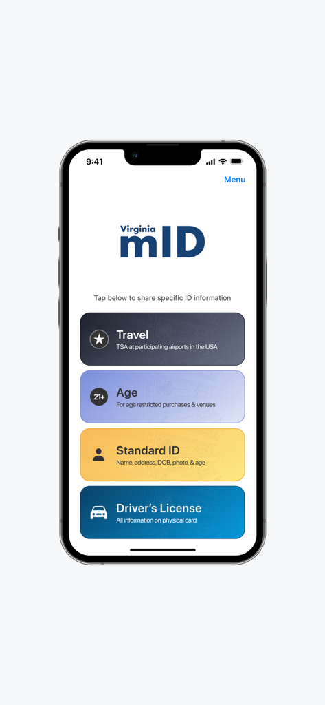 Virginia Mobile ID - Virginia Mobile ID app interface showing selection buttons for Travel, Age, Standard ID, and Driver's License information sharing.