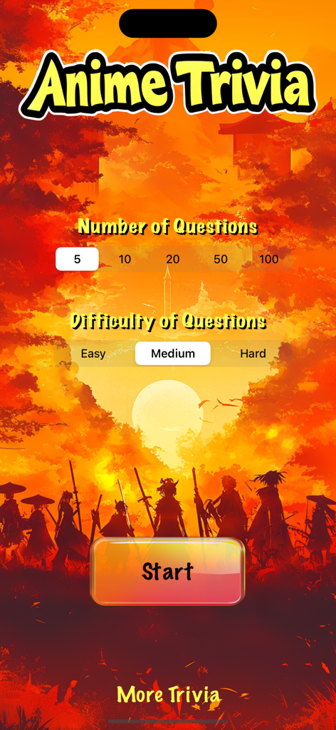 Anime Trivia Pro (Inc. Manga) - Main menu of Anime Trivia Pro app with options to select question count and difficulty levels.