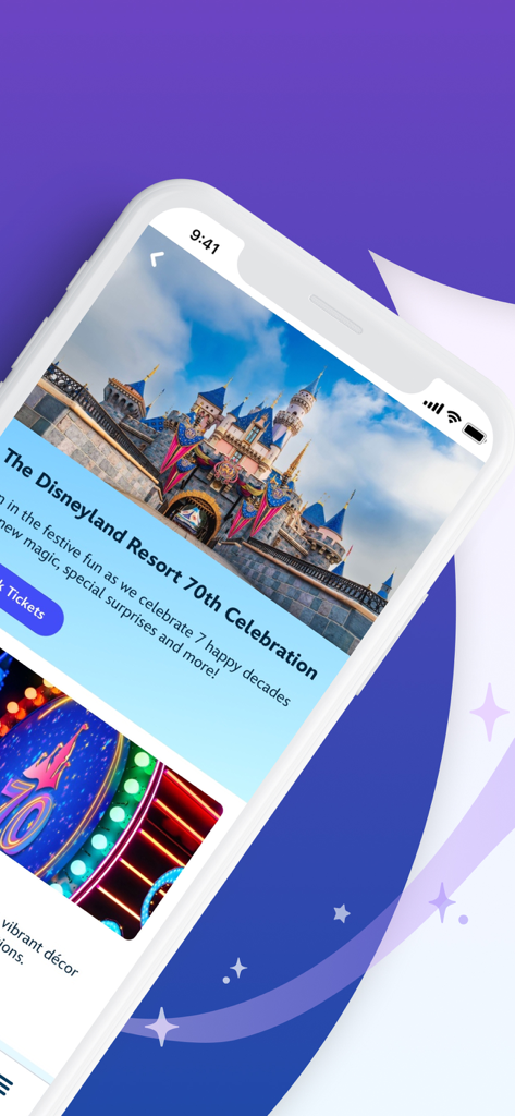 70周年記念イベントを特集したディズニーランド・リゾート・アプリのホームページを表示するスマートフォンの画面