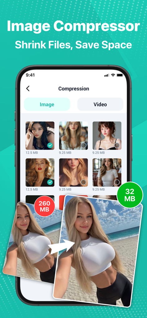 ZAP PDF Plus: Reader & Editor - Mobile app interface for compressing image files to save phone storage