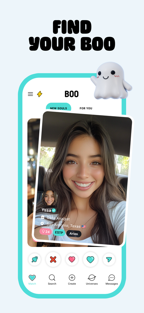 Boo — Dating. Friends. Chat. - Una pantalla móvil de la aplicación de citas Boo que muestra un perfil de usuario con tipo de personalidad MBTI e información del zodiaco.