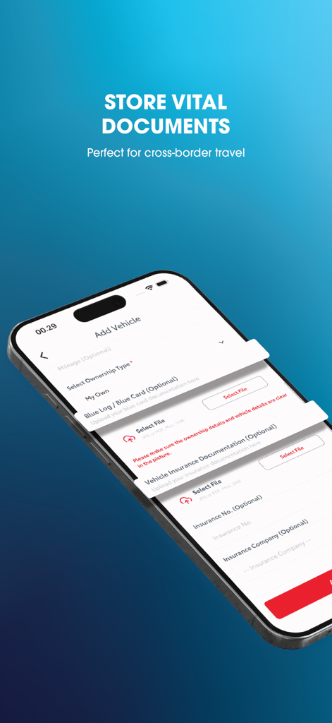 NBT Mobility - NBT Mobility app interface for uploading and storing vehicle insurance and registration documents.