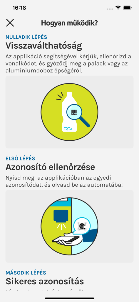 REpont - Schermata del cellulare che mostra istruzioni passo passo per l'app di riciclaggio REpont, incluso il controllo del codice a barre e l'identificazione dell'utente tramite codice QR.