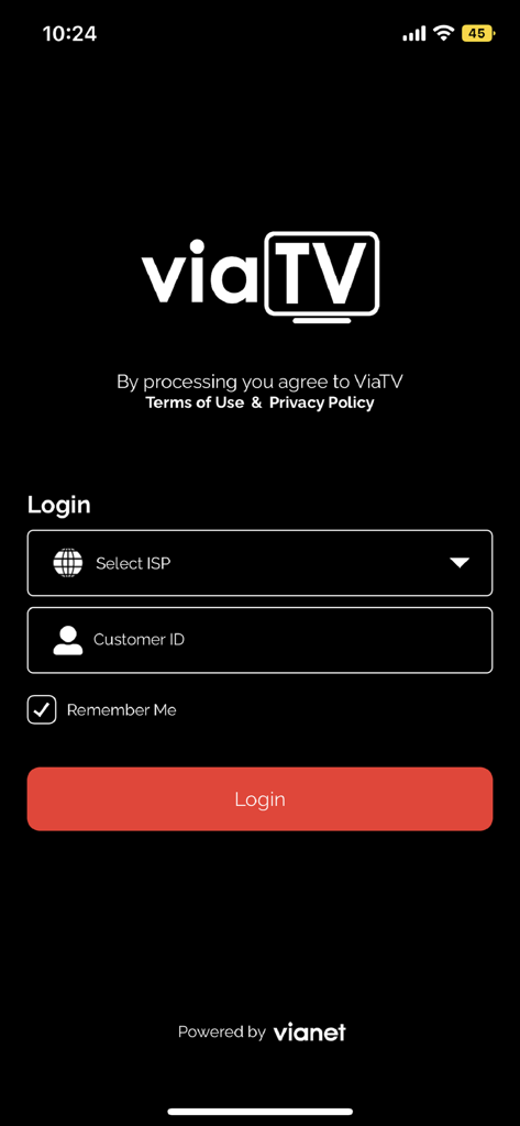 Login screen of the Via TV app showing ISP selection and customer ID input fields