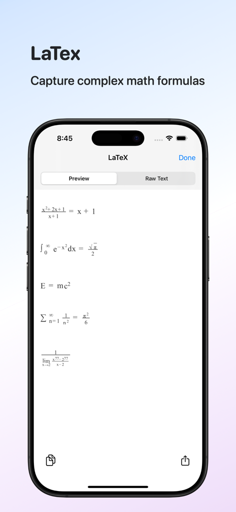 Scan.AI - AI Scan & Format - Scan.AI app interface for capturing complex math formulas with LaTeX conversion.