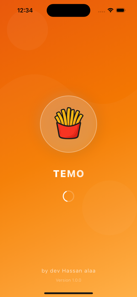 Temo - تيمو - Temoアプリのスプラッシュスクリーン。オレンジ色の背景にフライドポテトのアイコンが表示されています。