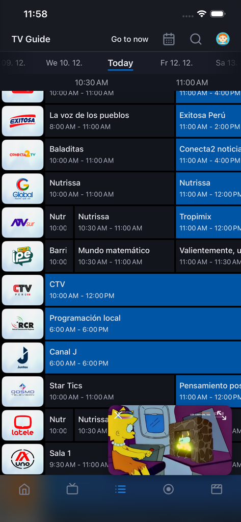 TV guide interface of the CableGo app showing Peruvian channel schedules and a picture in picture video player