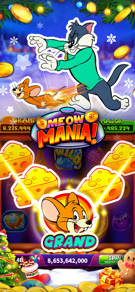 Jackpot Wins - Slots Casino - Pantalla de máquina tragamonedas temática de gatos y ratones "Meow Mania" mostrando una ganancia de Gran Jackpot.