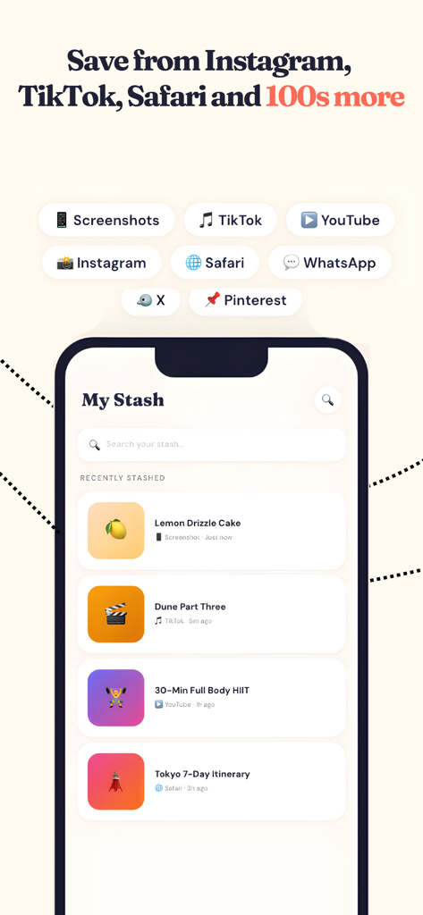 Stash Anything: Save & Sort - Stash Anything app interface showing recently stashed items like recipes and travel itineraries from different social platforms