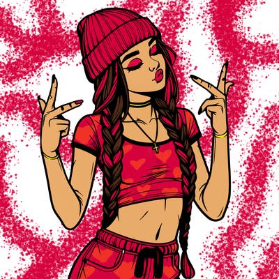 realistic teenage girl with braids and a beanie and crop top doing 🫶🏼