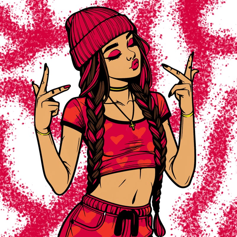 realistic teenage girl with braids and a beanie and crop top doing 🫶🏼