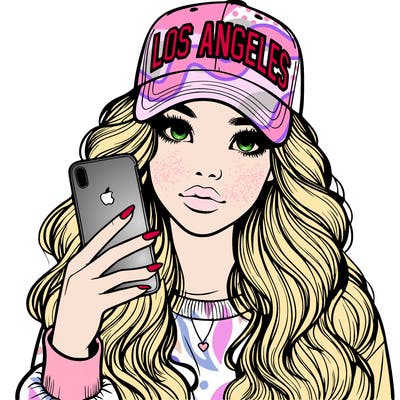 realistic beautiful girl wearing los ángeles cap holding an iphone