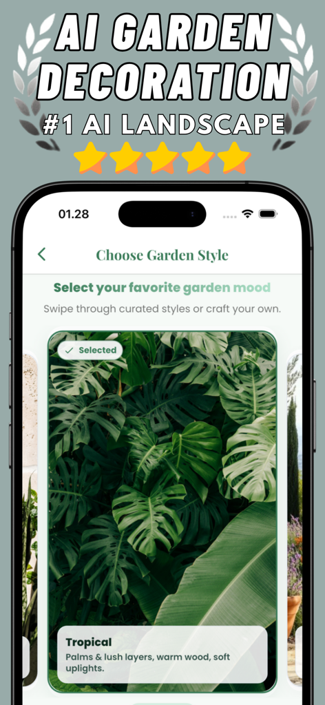AI Garden Decoration Landscape - AI Garden Decoration app screen showing a tropical landscape style selection with lush green plants