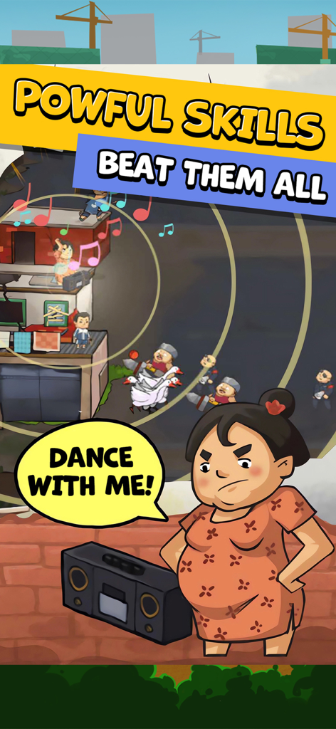 Um personagem humorístico usando um boombox para desencadear habilidades de dança contra inimigos em Home Defender Wangs Story