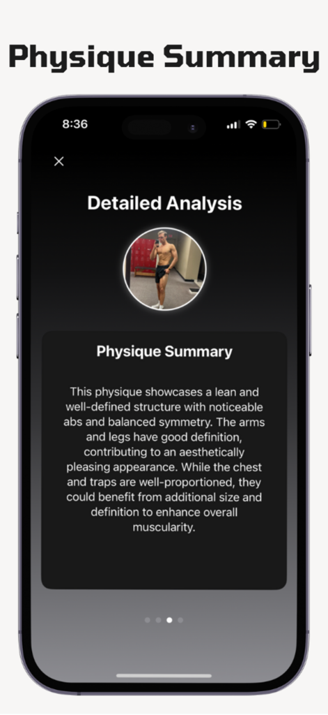 A smartphone displaying an AI-generated physique summary and detailed body analysis report in the BodyScore app.