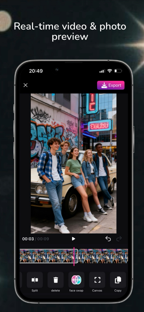 iReface – AI Face Swap Maker - The iReface app interface displaying a real-time video preview and face swap editing tools