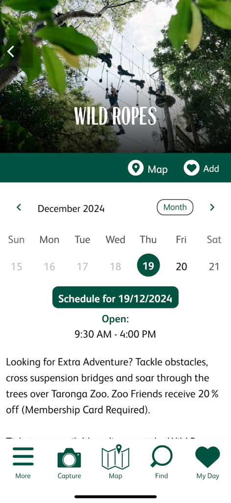 Taronga Zoo - Taronga Zoo app interface for Wild Ropes activity with schedule calendar.