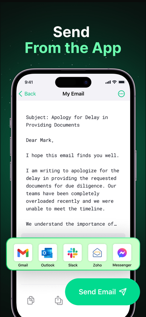 Friday AI Email Writer - Smartphone screen of Friday AI app displaying an email draft with integration icons for Gmail Outlook Slack Zoho and Messenger
