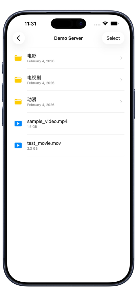 Interfaz del navegador de archivos de DAV Player que muestra carpetas de películas y archivos de vídeo en un servidor remoto