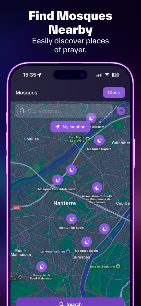 Islami - AI, Quran, Prayer - Map interface of the Islami app showing nearby mosque locations with purple crescent moon icons