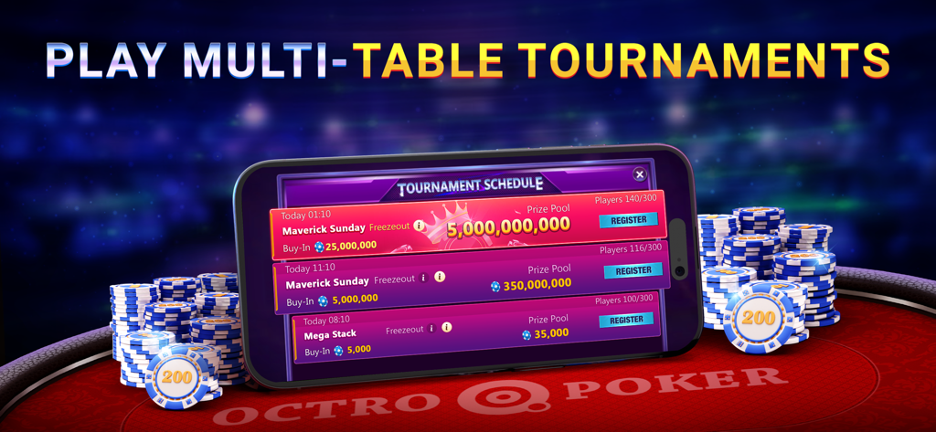 Octro Poker Texas Holdem Games - Octro Poker app on a smartphone showing a tournament schedule with massive prize pools on a poker table with stacks of chips