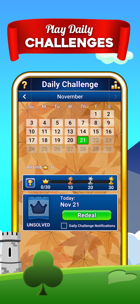 Castle Solitaire daily challenge calendar showing progress for the month of November