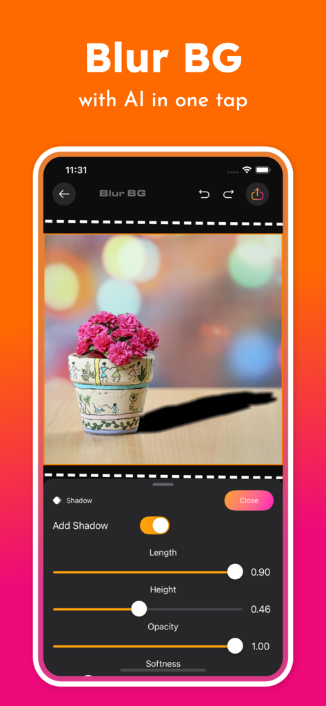 Background Editor: Blur App - Interface of the Background Editor app showing AI tools to blur backgrounds and customize shadows on photos