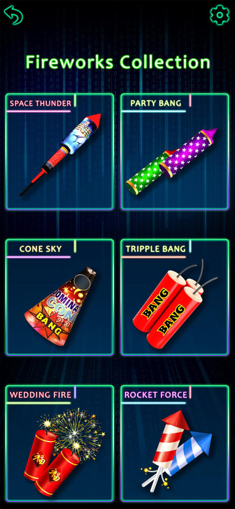 Pyrotechnic Fireworks Games 3D - Pyrotechnic Fireworks Games 3D의 다양한 폭죽과 로켓을 보여주는 메뉴