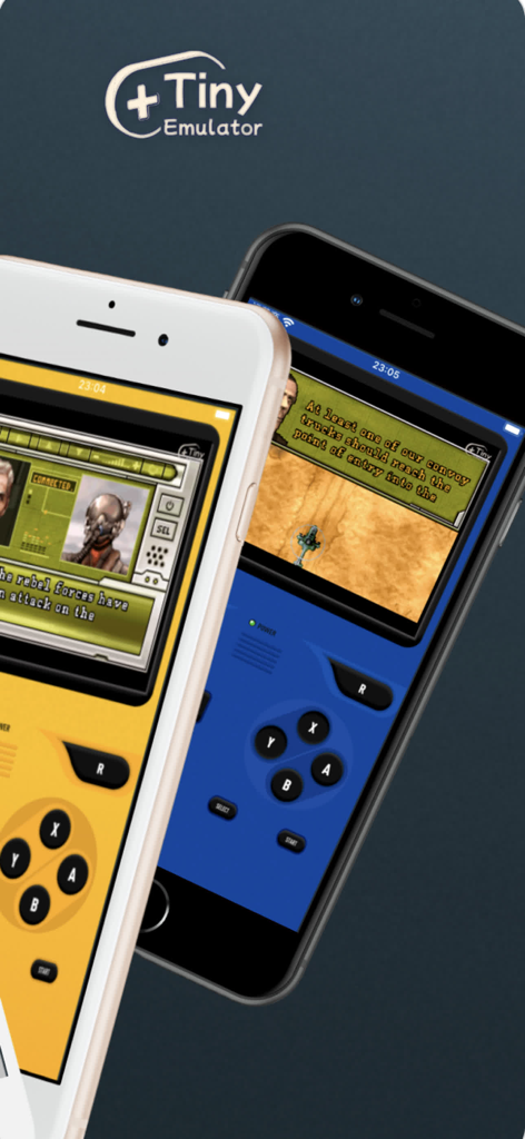 TinyEmulator - TinyEmulator app on two iPhones showing custom retro controller skins and classic gameplay