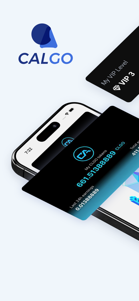 Calgo - The Calgo mobile app interface displaying CLGO token balance and VIP level status on an iPhone screen