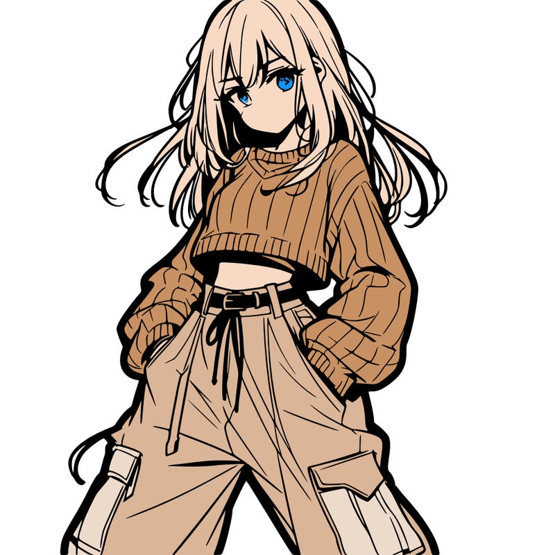 anime teen girl with baggy pants and crop top with sweater