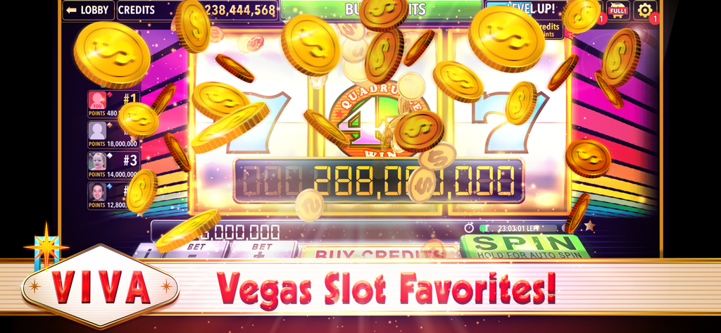 Viva Slots Vegas Slot Machines - Un juego de tragamonedas clásico de 3 carretes con monedas de oro explotando en la pantalla por una gran victoria.