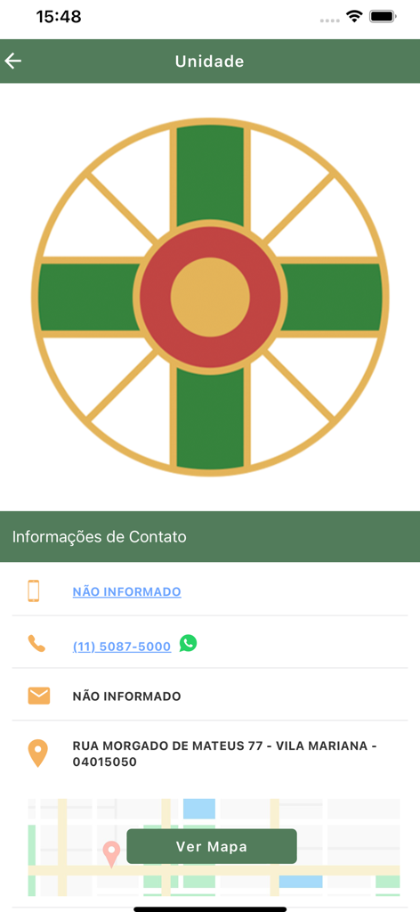 Igreja Messiânica - Écran de l'application Igreja Messianica montrant les informations de contact et l'adresse d'une unité religieuse avec un bouton de carte