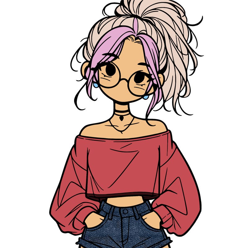 girl with a messy ponytail glasses a baggy crop top and jean shorts